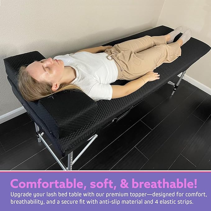 Lash Bed Foam Topper – 2.5 Inch Thick Memory Foam Massage Table Pad with Corner Straps & Anti-Slip Base, Comfortable Spa or Facial Bed Topper for Lash Extensions & Salon Use – Black
