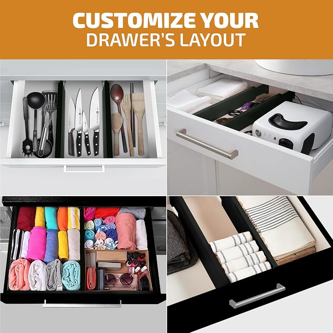4-Pack Bamboo Drawer Dividers - 2.6 Inches High, Adjustable 16 to 22 Inches Expandable Drawer Organizers and Dresser Separators for Clothes, Utensils, Bedroom, Bathroom, Kitchen, Office, Black Wood - Image 4