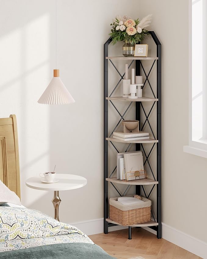 CHOEZON 5-Tier Corner Shelf, Industrial Corner Bookshelf, 59.4" Corner Storage Stand, Plant Stand Display Shelf, Corner Bookcase for Bedroom, Living Room, Home Office, Greige and Black TCJ10BG by Choezon