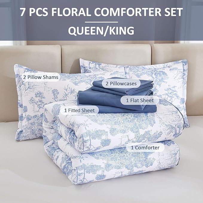 DJY Blue Comforter Set Twin Size,5 Pieces Botanical Comforters with Sheets Elegant Plants Print Soft Microfiber Reversible Complete Bedding Sets for All Season