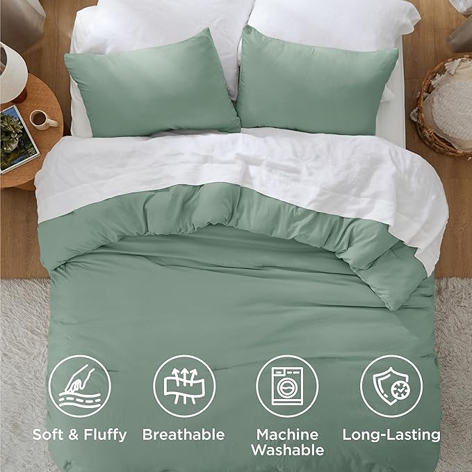 Bedsure Super King Plus Comforter Set, Sage Green Soft Prewashed Bedding for All Seasons, 3 Pieces GentleSoft™ Bed Set, 1 Lightweight Comforter (128"x120") and 2 Pillowcases (20"x36")