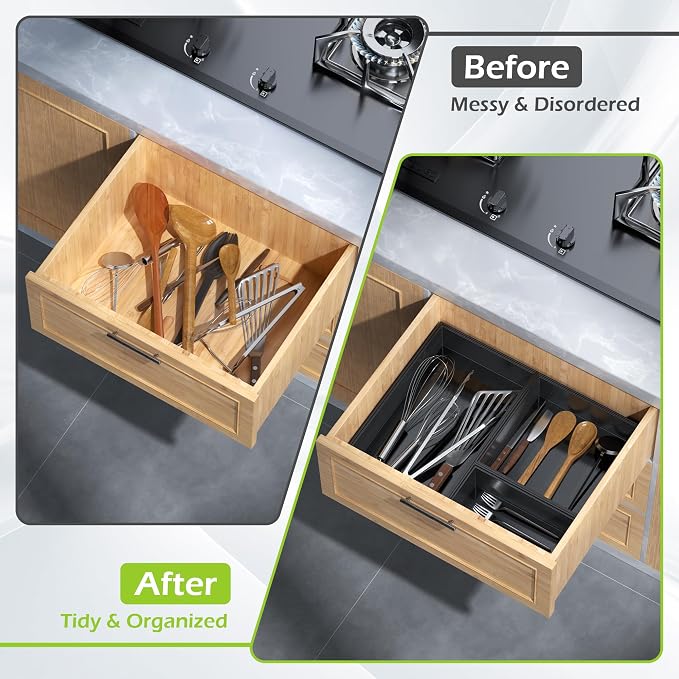 Bamboo Drawer Organizer Set, 5 PCS Multi-use Varied Sizes Junk Drawer Organizer Kitchen Storage Box for Office, Home, Bedroom, Bathroom, Black - Image 4