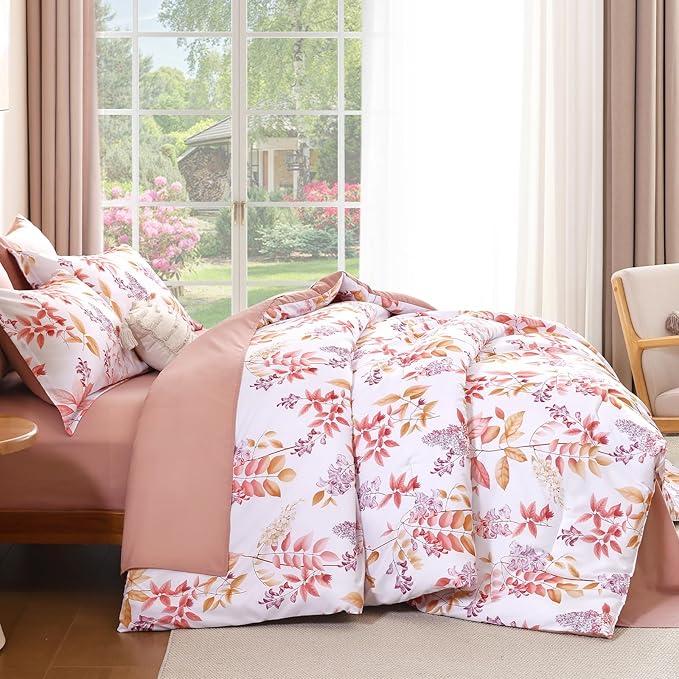 Cottolester Pink Comforter Set King Size Floral 7-Piece Bedding Set,Pink Purple Botanical Comforter Set with Pillowcases,Soft Microfiber Complete Bedding Sets for All Season