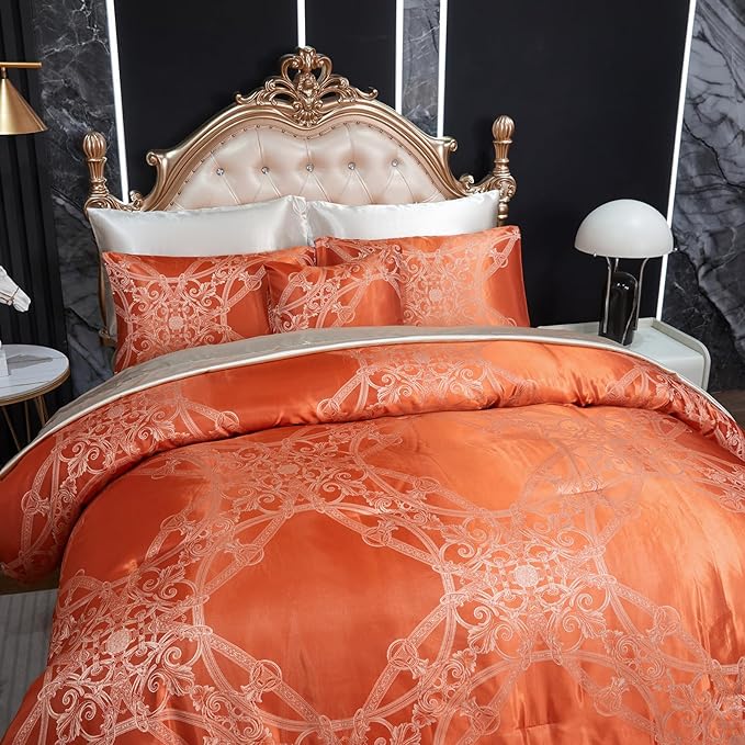 Jacquard Full Comforter Set with Beige Sheet Set Orange Bedding Set 8 Pcs Embroidery Neoclassical Floral Elegant Bed Home Decor Soft Down Comforter Luxury Hotel Silky Bed in a Bag with 1 Cushion Cover