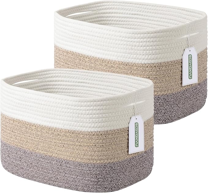 ECDYQXVU Cotton Rope Storage Basket, 15x10x9 Inches, Woven Basket for Shelves, Clothes, Towels, Books, and Laundry, White Brown (2 Pack) by ECDYQXVU