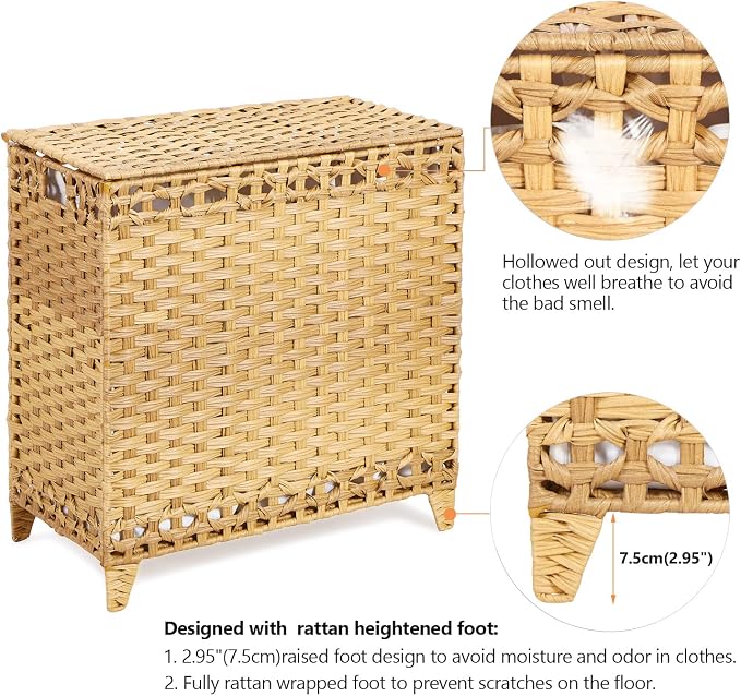 Laundry Hamper with 3 Removable Liner Bags; 132L Handwoven Rattan Laundry Basket with Lid & Heightened Feet; Clothes Hamper with Side Handles; Laundry Sorter with 3 Separate Sections - Image 5