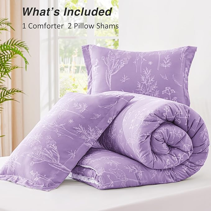 Love's cabin Lavender Full Comforter Set - Full Size Comforter Set, 3 Pieces Cute Floral Bedding Sets for All Seasons,1 Soft Reversible Botanical Flowers Comforter and 2 Pillow Shams