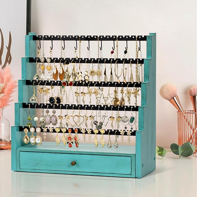 Pinzoveco Earring Organizer, 5 Layer Earring Holder Organizer with Necklace Holder Pole, Rustic Wood Jewelry Organizer Stand Display for Stud Earring Bracelet Necklace Ring, 175 Earring Holes - Image 6