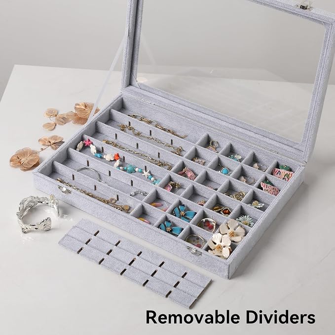 Frebeauty 48 Grid Jewelry Tray,Adjustable Earring Holder Organizer with Glass Lid,Velvet Drawer Jewelry Organizer for Rings,Studs,13.8 x 9.5 x 2 Inches Jewelry Display Box,Gift for Women(Grey) - Image 6
