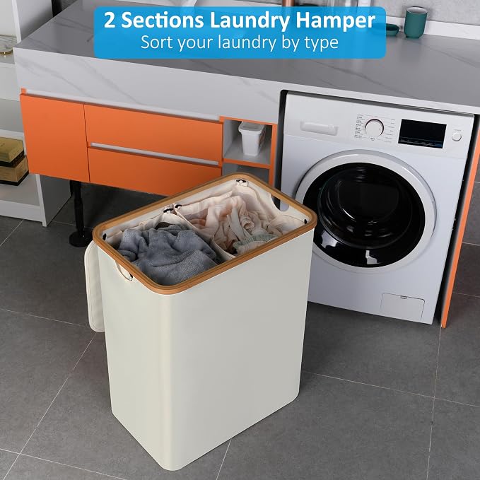 efluky Laundry Hamper with Lid, 160L Tall Laundry Basket with Bamboo Handles for Clothes and Toys, Collapsible Laundry Hamper with 2 Inner Bags for Bedroom and Bathroom, Beige - Image 3