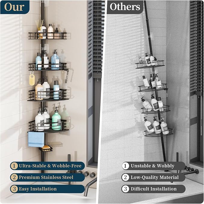 Consumest Corner Shower Caddy Tension Pole - Rustproof Shower Shelves with Towel Bar & Soap Holder, Adjustable Bath Organizer for Bathroom Storage, 27.6-108.3 inch, Black - Image 2