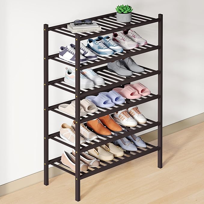 Smiry Bamboo Shoe Rack for Closet, 6 Tier Wooden Stackable Shoe Organizer, Free Standing Shoes Storage Shelf for Entryway, Front Door Entrance, Brown by Smiry