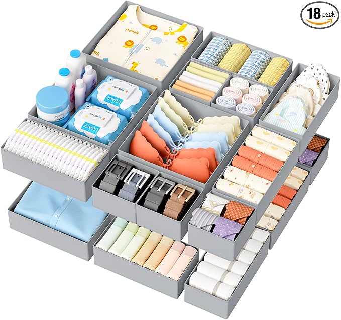 DIMJ Drawer Organizer Clothes - 18 Pack Closet Drawer Organizer Bins for Baby Clothes Storage, Fabric Dresser Organizer for Nursery Bedroom, Foldable Small Drawer Dividers for Underwear Socks by DiMJ