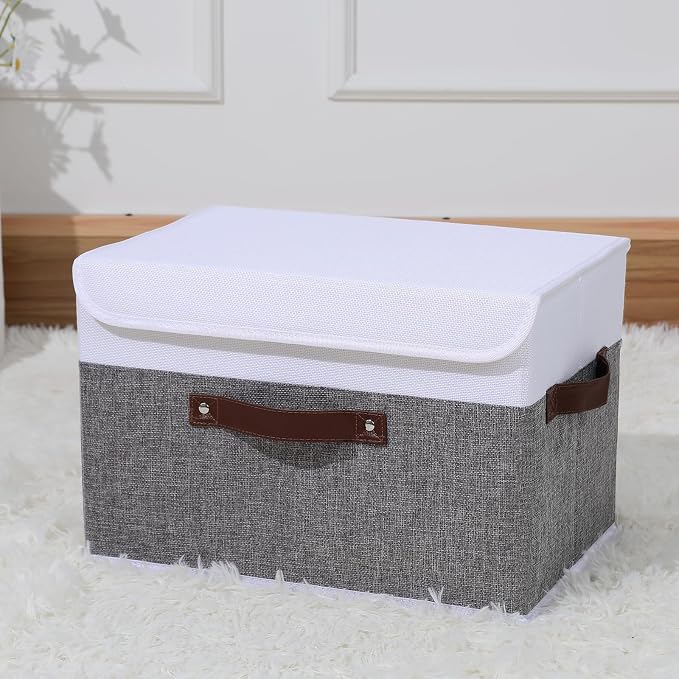 ANMINY Storage Boxes with Lids Washable Decorative Storage Bins Basket with PU Leather Handle Foldable Linen Fabric Storage Cubes Containers for Home Closet Organizer - Gray White, Large Size - Image 6