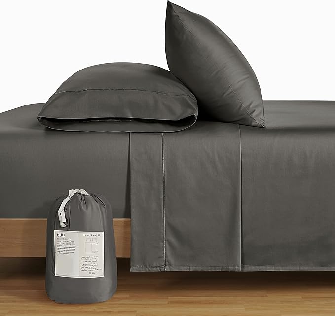 LANE LINEN 100% Cotton 600 Thread Count Split King Sheet Set for Adjustable Beds, Sateen Weave Hotel Quality, Fully Elasticized Oeak Tex Certified Sustainably Produced Machine Washable - Charcoal