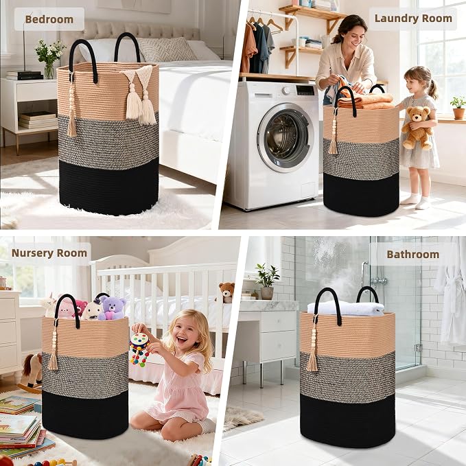 Woven Laundry Basket for Clothes, 50 L Large Rectangle Laundry Hampers with Beads Tassel, Nursery Storage Basket for Toys, Tall Dirty Clothes Hamper for Bedroom Aesthetic, Laundry Room Organization - Image 5