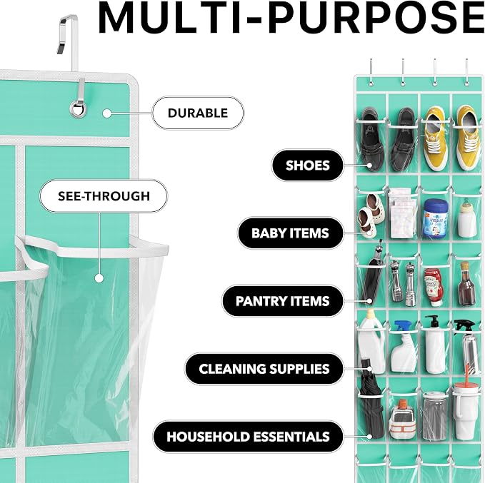 Simple Houseware 24 Pockets - Crystal Clear Over The Door Hanging Shoe Organizer, Turquoise (64'' x 19'') - Image 5