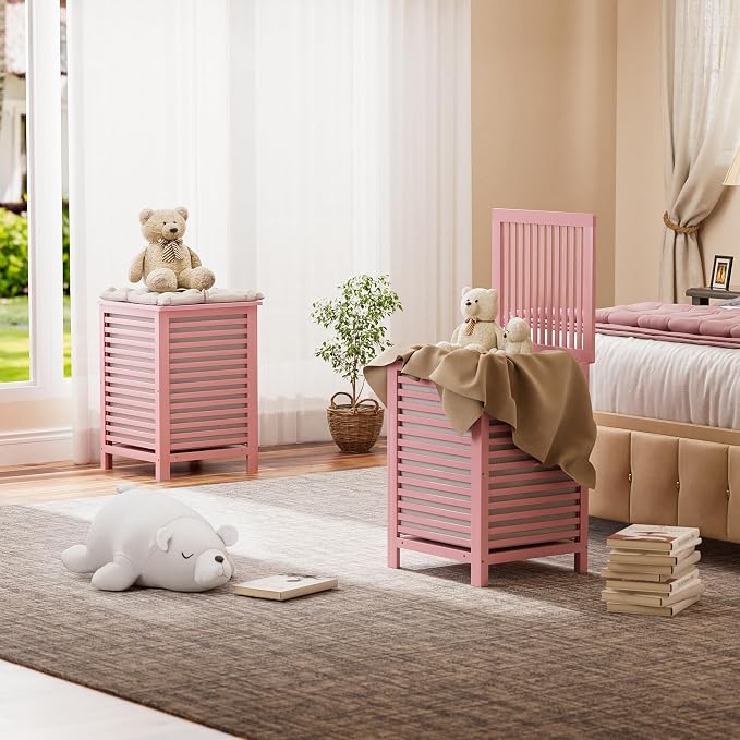 SMIBUY Double Laundry Hamper with Lid, 120L Bamboo Laundry Basket with Removable Liner Bag, 2-Section Clothes Divider Laundry Sorter for Laundry Room, Bathroom, Bedroom (Pink) - Image 8