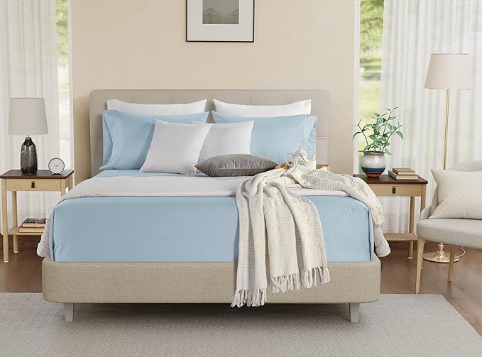 100% Egyptian Cotton Bed Sheets Full Size Bed Set, 800TC Sateen Weave 15" Deep Pocket Full Sheet Set, Soft Breathable Cool Sateen Weave 4PC Egyptian Cotton Sheets, No Pill & Shrink - Light Blue