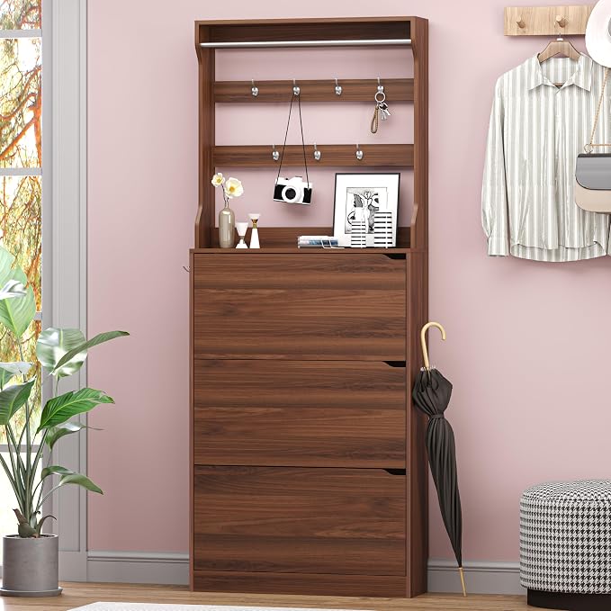 BORNOON Shoe Cabinet with 3 Flip Drawers & Coat Rack, Narrow Hidden Shoe Storage Cabinet, 2-in-1 Hall Tree Slim Freestanding Shoe Rack Organizer for Entryway, Hallway, and Living Room - Image 3