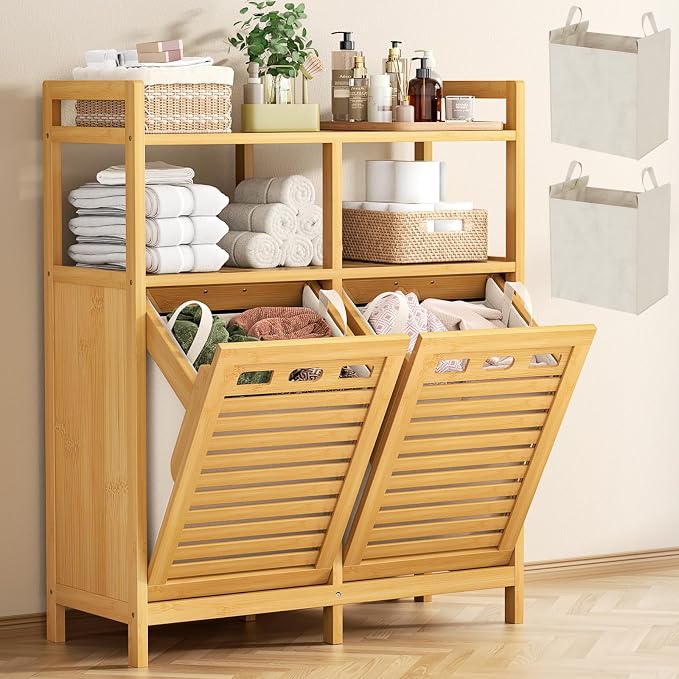 Homykic Tilt Out Laundry Hamper Cabinet, Bamboo Double Laundry Hamper with 2 Removable Laundry Baskets, 20 Gal Laundry Sorter Organizer with Shelf for Dirty Clothes, Bathroom, Laundry Room, Natural by Homykic