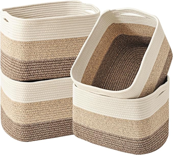 ICERZCZ Storage Baskets for Organizing & Shelves, Woven Cotton Rope Organization Bins for Dog Toys, Clothes, Books, Nursery Organizer, 15"Lx11"Wx9.5"H, (4 Packs) Gradient Brown by ICERZCZ