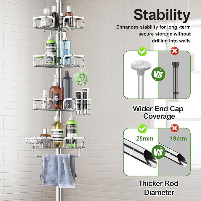 Corner Shower Caddy Tension Pole 4 Tier Adjustable Stainless Steel Shower Shelf for Inside Shower Bathtub Shampoo,Standing Bathroom Organizer Shelves with 39 to 113 inch Height - Image 7