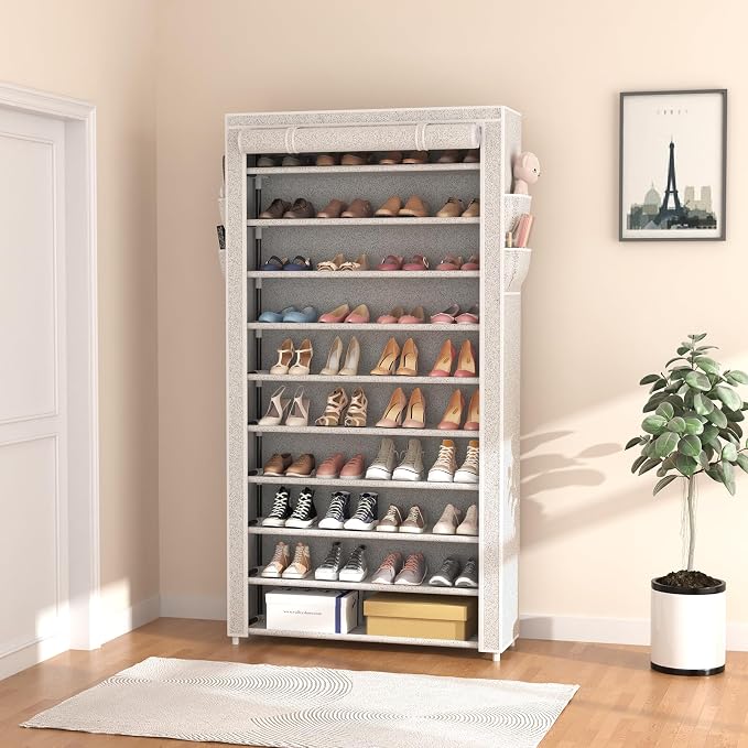 ROJASOP 10 Tier Shoe Rack with Covers Large Capacity Stackable Tall Shoe Shelf Storage for 50-55 Pairs Shoe and Boot, Sturdy Free Standing Shoe Rack Organizer for Closet, Entryway, Bedroom, Printing - Image 2