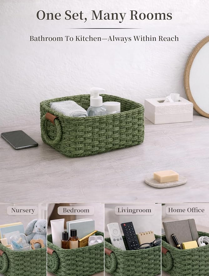 Storage Basket, Recycled Paper Rope Bathroom Basket Organizer, 3Pcs Small Baskets for Organizing, Mini wicker Basket for Decorative Storage Bins, Shelves, Bathroom, Cabinet - Green - Image 6
