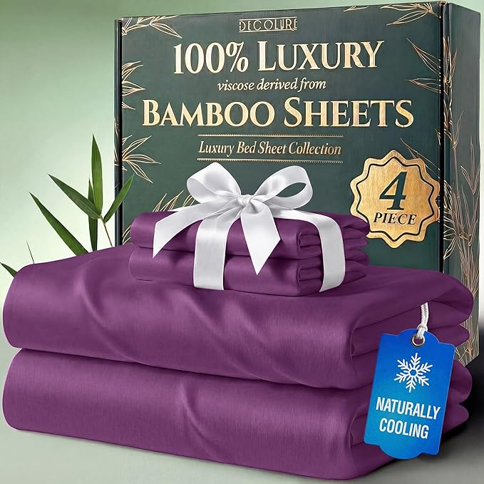 DECOLURE 100% Viscose Derived from Bamboo Sheets Twin Size - Luxury 4 Pc Naturally Cooling Sheets, Ultra Soft Bed Set - Deep 17" Pockets, Durable Double Stitching, Oeko Tex Standard (Purple)
