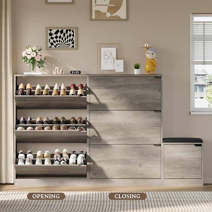 BORNOON Shoe Cabinet with Bench and 3 Flip Drawers, Slim Narrow Shoe Storage Cabinet, Freestanding Shoe Rack Organizer with Adjustable & Removable Shelves, Anti-Tip for Entryway, Hallway, Foyer - Image 5