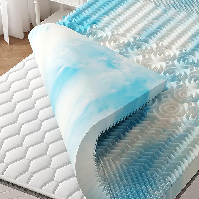 OLIXIS 3 Inch Twin Cooling Gel Memory Foam Mattress Topper, 5-Zone Pressure Relief Design, Soft Bed Pad for Back & Hip Pain, Dorm RV Camping, Blue