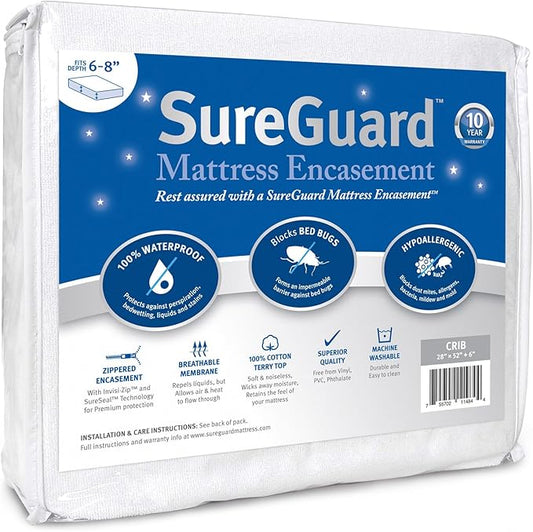 Crib Size SureGuard Mattress Encasement - 100% Waterproof, Bed Bug Proof, Hypoallergenic - Premium Zippered Six-Sided Cover