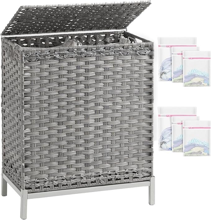 SETVSON Laundry Hamper with Lid, 112 L Handwoven Rattan Wicker Laundry Basket, 2 Removable Liner Bags Metal Heightened Feet, 6 Mesh Bags, 2 Section Large Clothes Hamper for Bathroom Bedroom, Gray by SETVSON