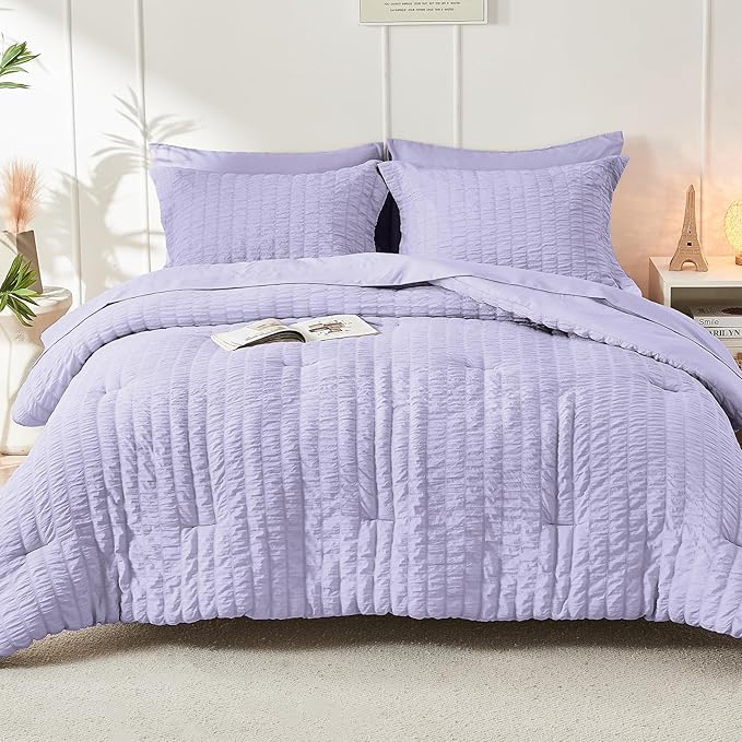 HYMOKEGE Light Purple Full Size Comforter Sets Seersucker 7 Pieces, All Season Luxury Bed in a Bag for Bedroom, Bedding Set with Comforter, Sheets, Pillowcases & Shams