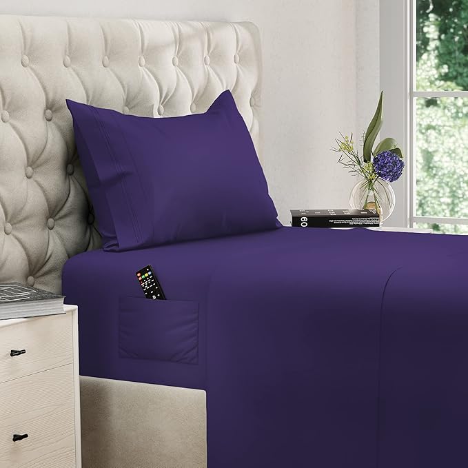 DREAMCARE Twin XL Sheet Sets - 3 pcs Breathable Cooling Bed Sheets - up to 21" Extra Deep Pocket Twin XL Sheets Set with Side Pockets - Extra Soft 100% Brushed Hypoallergenic Hotel Luxury - Purple