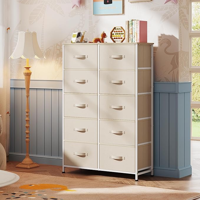WLIVE Tall Dresser for Bedroom with 10 Drawers, Chest of Drawers, Fabric Dresser for Closet, Hallway, Living Room, Entryway, Cream White