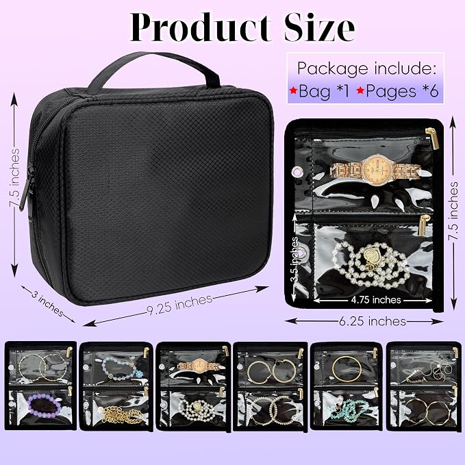Travel Jewelry Organizer Case,Jewelry Bags for Traveling, Jewelry Binder with 24 Pcs Clear Zipper Velvet Pouches for Storing Earrings, Rings, Necklace, Bracelet, Watch (Black) - Image 3