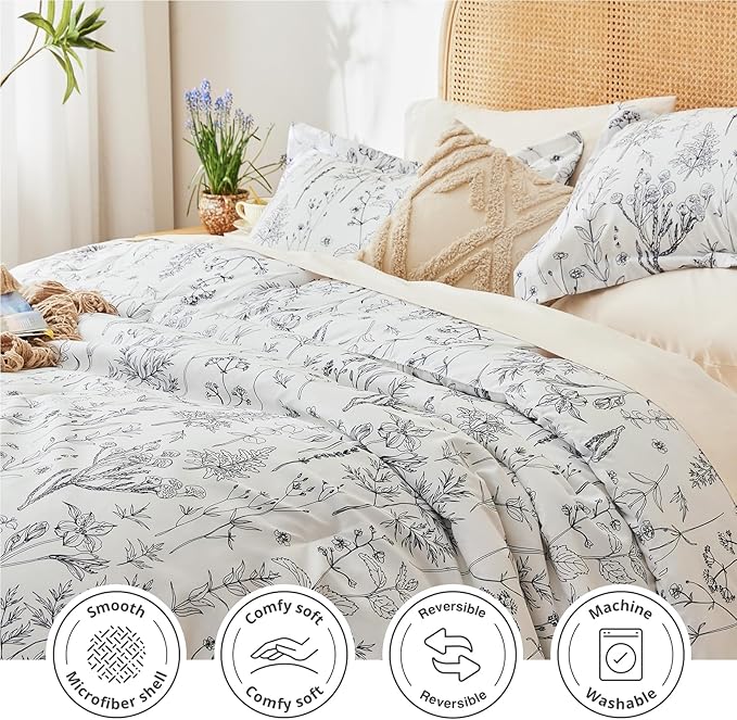 Love's cabin White Queen Size Comforter Set - Queen Comforter Set, 3 Pieces Cute Floral Bedding Sets for All Seasons,1 Soft Reversible Botanical Flowers Comforter and 2 Pillow Shams