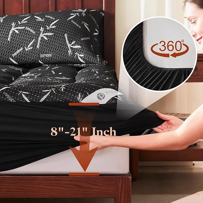 100% Waterproof King Size Mattress Topper, Thick Pillow Top Mattress Pad，Up to 25 Inch Deep Pocket,Soft Breathable Mattress Pad for Back Pain, Protector Cover(Black)