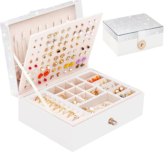 QBestry Jewelry Box for Earrings, Teen Girls Jewelry Organizer Box Earring Holder Organizer for Girls Jewelry Box Stud Earring Organizers for Girls Earrings Jewelry Boxes for Women Bling by QBestry