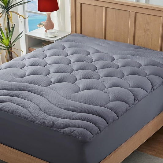 Twin Size Mattress Pad for Pain Relief, Pillow Top Cooling Twin Mattress Topper for Single Bed, Thick Fluffy Mattress Protector Cover Quilted Fitted Deep Pocket (39x75 inch, Grey)