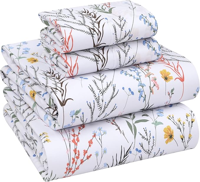 RUVANTI 100% Cotton Sheets – King Size Percale Bedding, Cooling & Breathable Floral Design, Durable with a Crisp, Soft & Comfortable Feel, 16" Deep Pocket, 4-Piece Set, Aroma