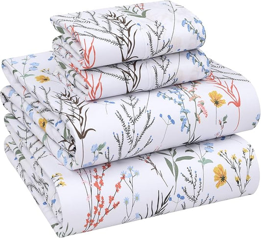 RUVANTI 100% Cotton Sheets – King Size Percale Bedding, Cooling & Breathable Floral Design, Durable with a Crisp, Soft & Comfortable Feel, 16" Deep Pocket, 4-Piece Set, Aroma