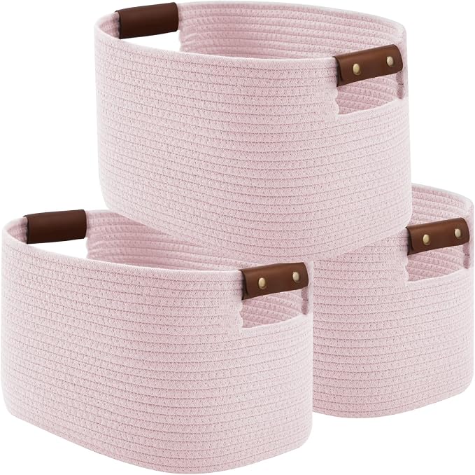 ECDYQXVU Cotton Rope Basket, Storage Baskets with Handle, 15x10x9 Inch Woven Basket for Shelves, Laundry, Towels, Clothes, Books (Light/Pink 3Pack) by ECDYQXVU