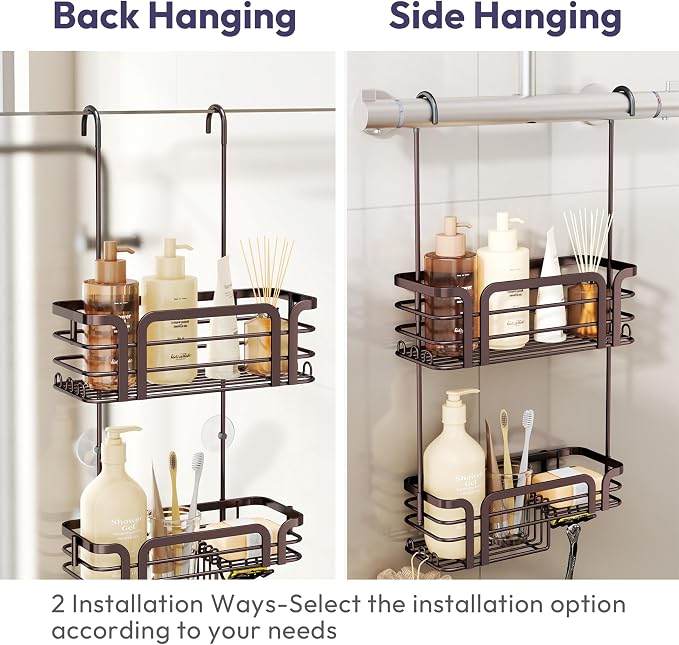 SWTYMIKI Shower Caddy Hanging Organizer - Over the Door Shower Caddy with Soap Holder, 11 Hooks, 2 Installation Ways, Stainless Steel Rustproof Bathroom Organizer, Bronze - Image 3