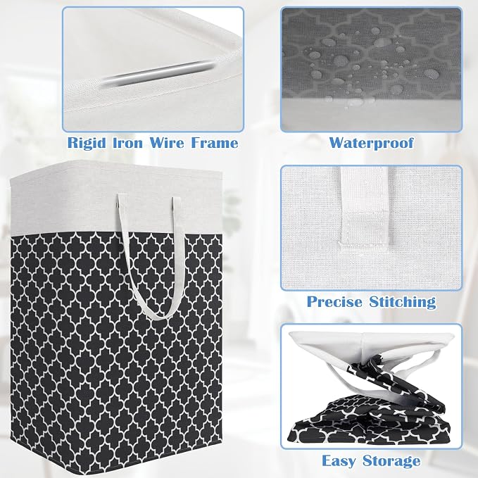 BlissTotes 3-Pack Laundry Basket, Freestanding＆Waterproof Laundry Hamper, Collapsible Tall Clothes Hamper with Easy Carry Handles for Clothes, Towels in the Family and Dorm,Clover Black,100L - Image 4
