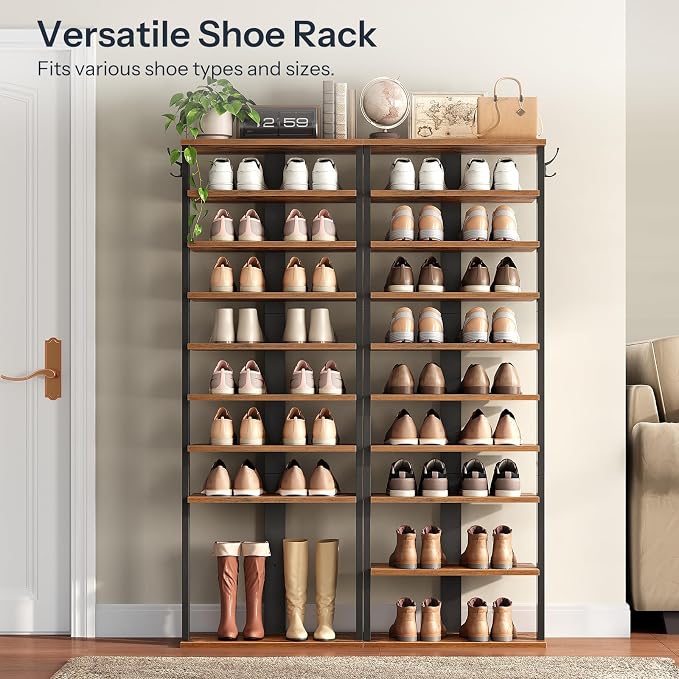 HOOBRO 10 Tiers Vertical Shoe Rack, Wooden Shoe Storage Organizer with Hooks, Narrow Shoe Tower for 20 Pairs, Space Saving, for Entryway, Living Room, Bedroom, Rustic Brown FG140XJ01 - Image 5