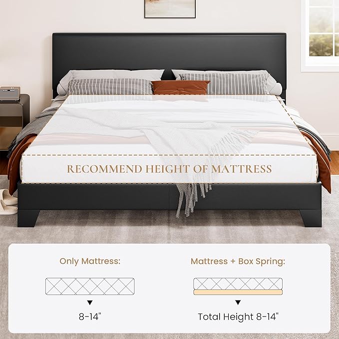 SHA CERLIN Black King Platform Upholstered Bed Frame with Faux Leather Adjustable Headboard,Wood Slats Support, No Box Spring Needed, Easy Assembly, Easy Clean Up