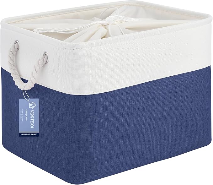 Large Storage Baskets- 16x12x12 inch Storage Bins for Shelves and Closet Organizing, Foldable Fabric Bin for Home Organization Clothes and Laundry (1-Pack, White&Blue) by VQRTEXAStorageBasket